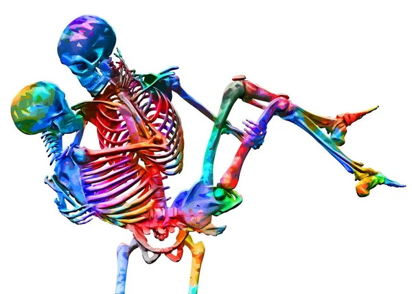 Skeletons of man and woman in the pose of lovers in multicolored abstract style illustration Isolated on white background — Stock Image Skeletons of man and woman in the pose of lovers in multicolored abstract style illustration Isolated on white background Royalty Free Stock Images