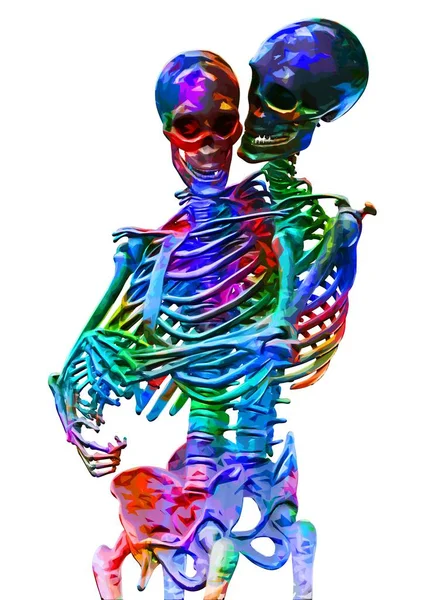 Skeletons of man and woman in the pose of lovers in multicolored abstract style illustration Isolated on white background — Stock Image Skeletons of man and woman in the pose of lovers in multicolored abstract style illustration Isolated on white background Stock Picture