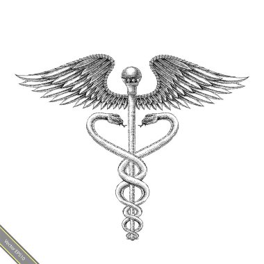 Tıbbi simge el Vintage tarzı çizimi. Asklepios el oyma tarzı siyah beyaz logo çizimi