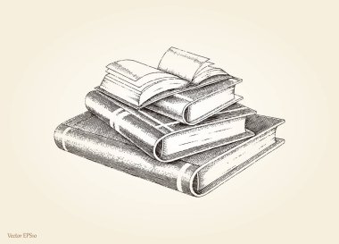 Kitap yığını el Vintage tarzı çizimi