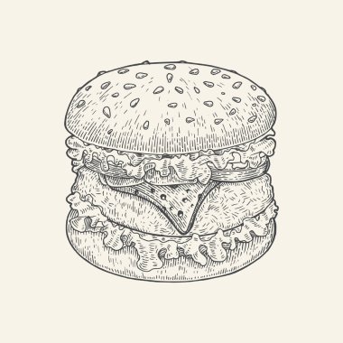 Burger el çizim vintage tarzı, Burger çizim illüstrasyon izole beyaz arka plan üzerinde