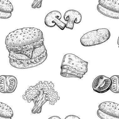 Burger el çizimi vintage tarzı, Burger bileşenleri, çizim Burger siyah ve beyaz çizgili, Burger Dikişsiz desen arka plan