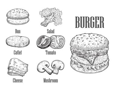 Burger el çizimi vintage tarzı, Burger bileşenleri, Burger siyah ve beyaz çizgi çekerek