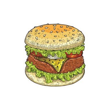 Burger el çizim vintage tarzı, Burger çizim illüstrasyon izole beyaz arka plan üzerinde