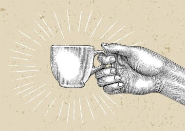 El tutarak kahve kupa, illüstrasyon vintage tarzı, kahve logosu