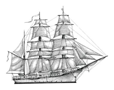 Barque el çizim gravür tarzı, Vintage barque izole
