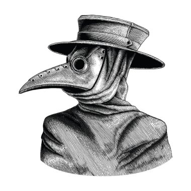 Plague doktor el Vintage oyma izole beyaz arka plan üzerinde çizimi
