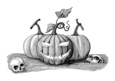 Cadılar Bayramı gün kavramı el çizim vintage tarzı ile zeminde insan kafatası