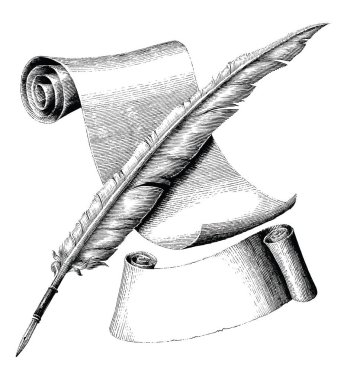 Quill'in kalem ve boş kağıt afiş ile çizim vintage illüstrasyon, tüy kalem ve kağıt logo tarzı çapraz oyma el