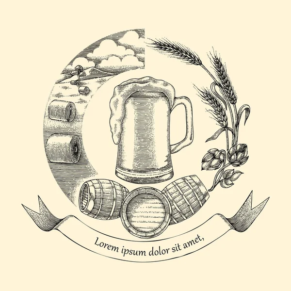 ビール クラフト概念ロゴ手描きのビンテージ スタイル クラフト ビールのプロセス — ストック写真