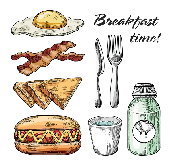 Desayuno Conjunto Mano Dibujo Estilo Vintage Sobre Fondo Blanco — Foto de Stock