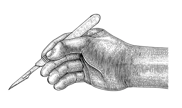Ręka Lekarza Gospodarstwie Skalpela Surgical Rysunek Styl Vintage Białym Tle — Zdjęcie stockowe