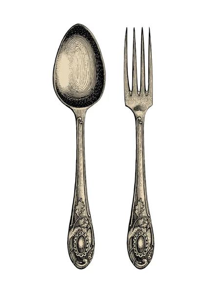 Vintage Cucchiaio Forchetta Disegno Mano Spoon Forchetta Schizzo Arte Isolare — Foto Stock