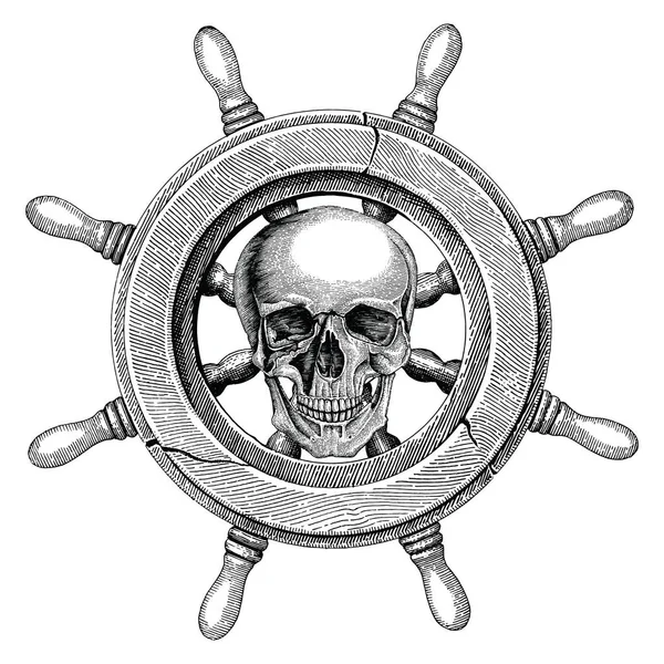 古いステアリング ホイール船手に人間の頭蓋骨 海賊ロゴとビンテージ スタイルを描画 — ストック写真