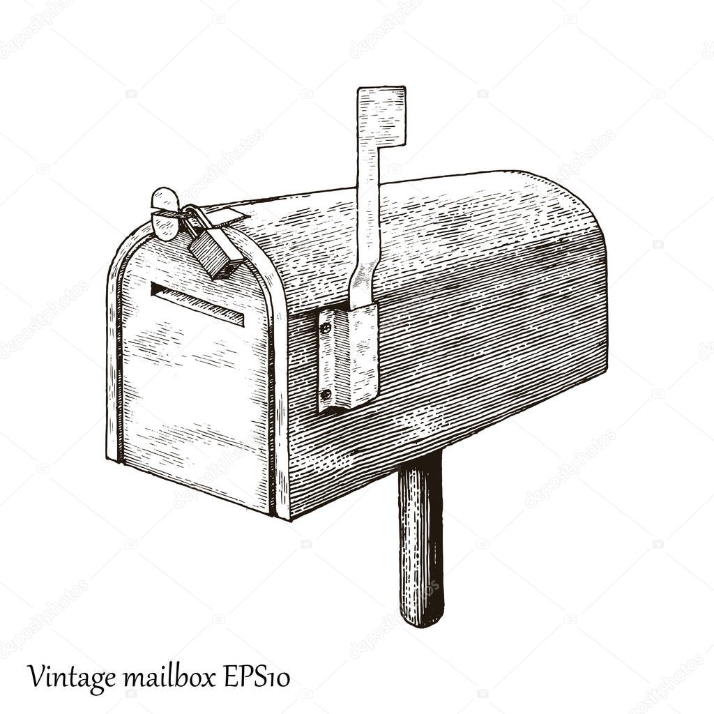 Vintage mailbox hand drawing engraving style   