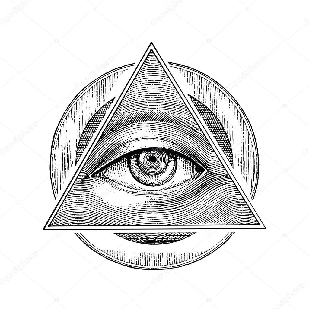 Pyramid of eye with vintage circle hand drawing engraving style