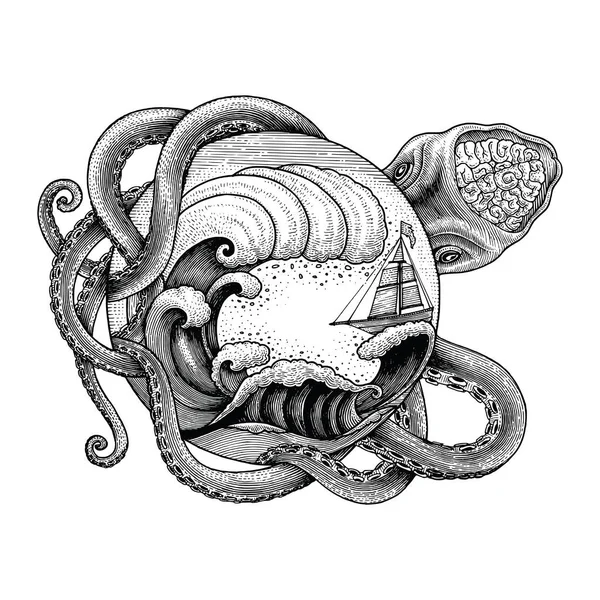 巨型章鱼攻击船和大海浪手画老式雕刻插图纹身 — 图库照片