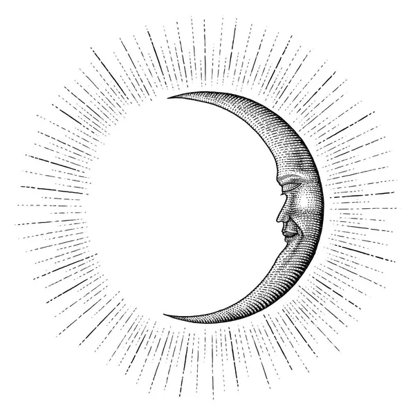 Visage Lune Avec Scintillement Main Dessin Vintage Gravure Argent Ligne — Photo