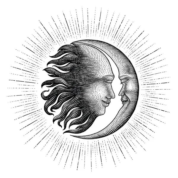 Visage Soleil Lune Avec Scintillement Main Dessin Vintage Gravure Argent — Photo