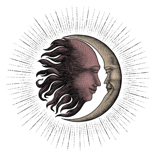 Yüz güneş ve ay ile el çizimi dövme için vintage oyma para çizgi detay stili ışıltı