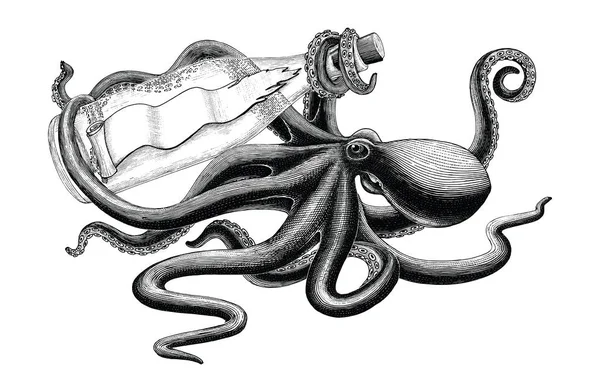 Octopus Holding Sticla Vintage Clip Art — Fotografie, imagine de stoc