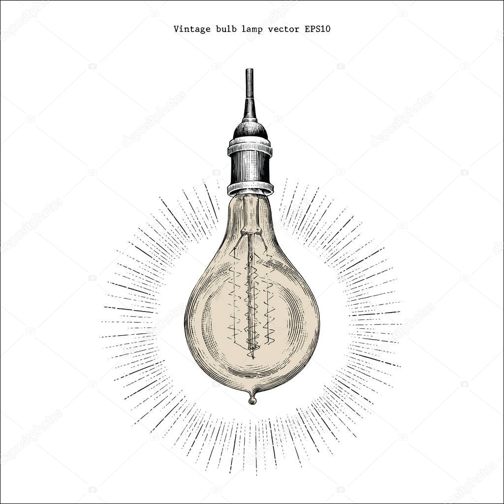 Vintage bulb lamp hand drawing engraving style