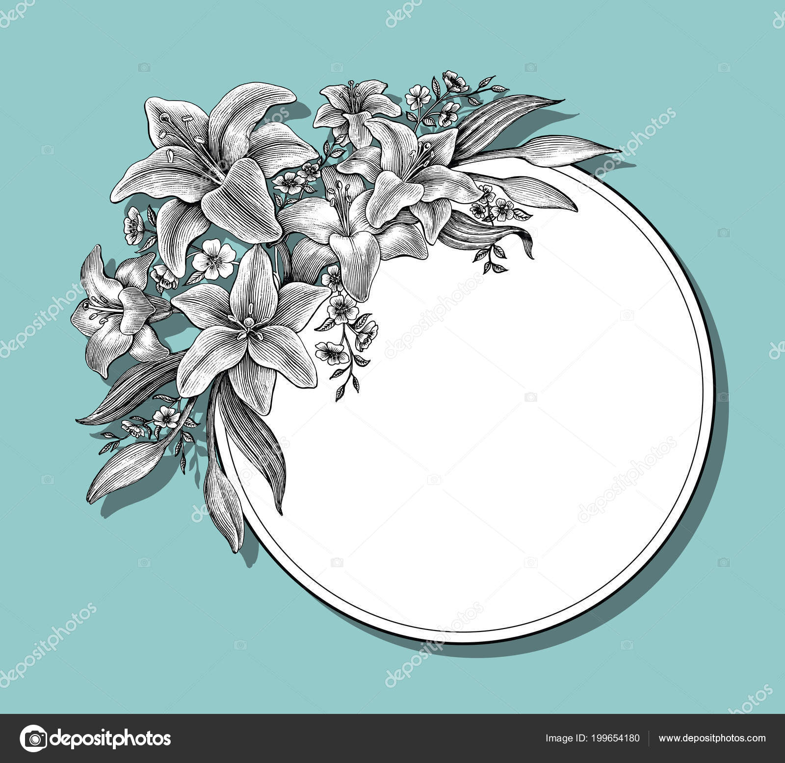 Carte Vintage Dessin Main Lily Fleurs Sur Fond Bleu Image