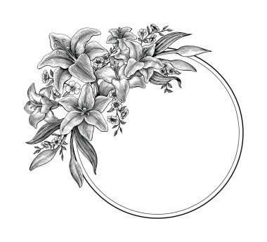 Lily çiçek çizim vintage siyah beyaz küçük resim yapmak tebrik kartı için el