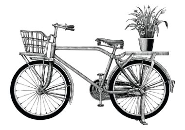 Vintage bisiklet ve çiçek pot el üzerinde beyaz Bankamatik izole küçük resim çizimi