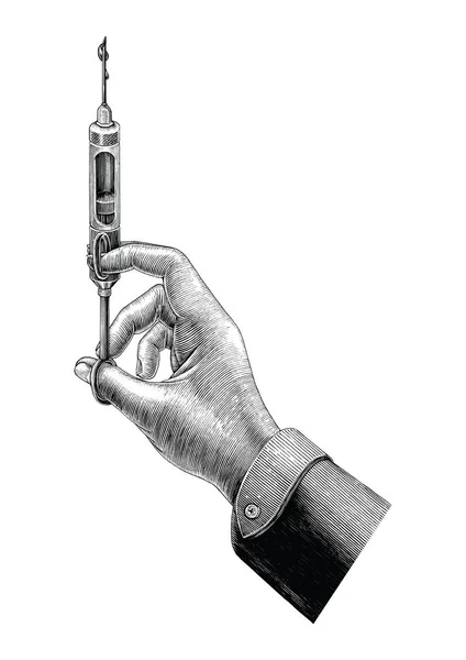 Beyaz arka plan üzerinde izole ilaç şırınga vintage küçük resim tutan el