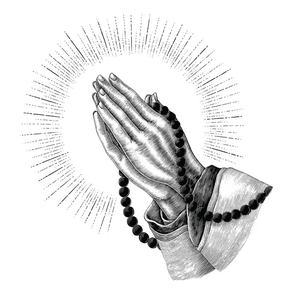 Praying Hand Drawing Rays Vintage Clip Art Isolated White Background — Stock Vector