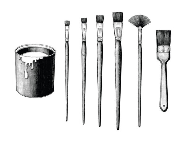 Vintage paint brushes set and paint can hand drawing clip art isolated on white background