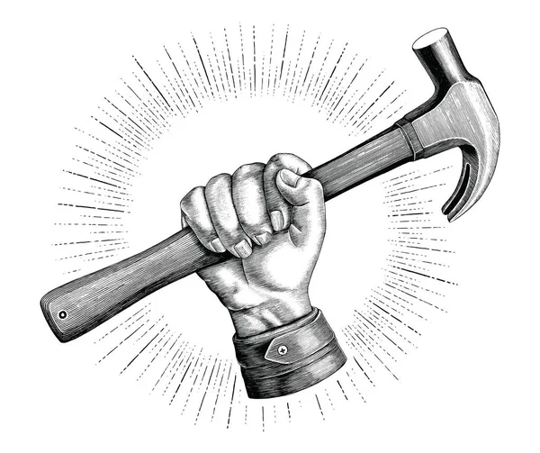 Рука Тримає Ілюстрацію Молотка Вінтажне Кліп Арт Логотипу Столяра Ізольовано — стоковий вектор