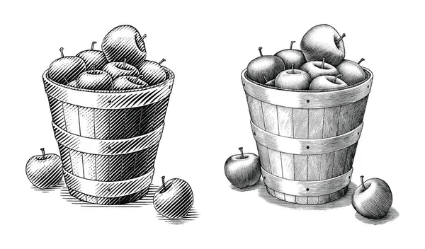 Manzana en cesta dibujo a mano estilo vintage clip en blanco y negro — Archivo Imágenes Vectoriales