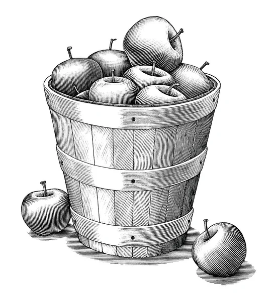 Pomme dans le panier dessin à la main style vintage clip noir et blanc — Image vectorielle