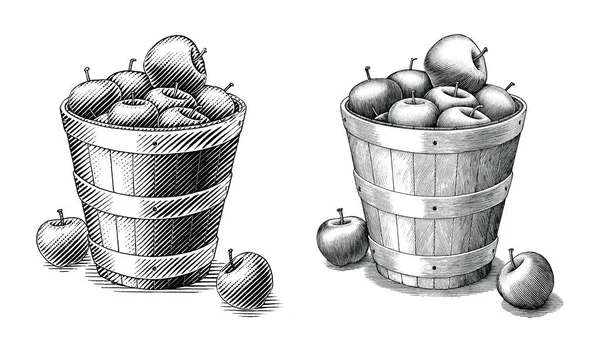 Äpple i korg hand ritning vintage stil svart och vitt klipp — Stock vektor