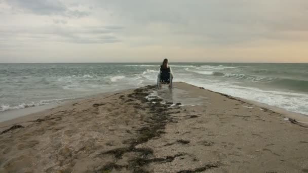 De gehandicapte persoon voldoet aan de zon op de zee — Stockvideo