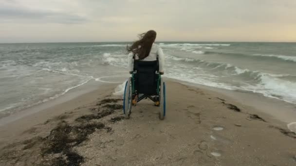 Den funktionshindrade personen får ur vagnen på stranden vid havet — Stockvideo