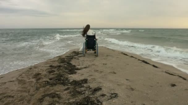 La personne handicapée sort de la poussette sur le bord de la mer — Video