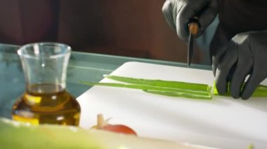 Sebzeleri yakından dilimliyorum. Salata hazırlığı