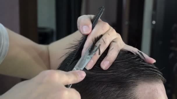 Peluquero Hace Corte Pelo Cabeza Del Hombre Peluquería Corta Pelo — Vídeo de stock