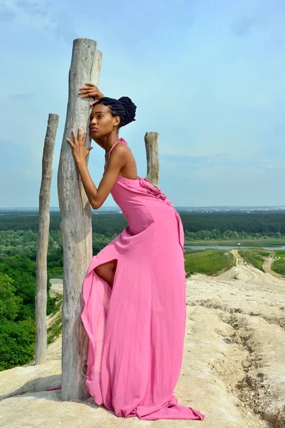Başında, dreadlocks ile şehvetli Afrikalı kız modeli pembe elbise mavi bir gökyüzü ve güzel bir manzara karşı yüksek bir tepe üzerinde duruyor. O kuru bir ağaç üzerinde eğilir ve uzak görünüyor. Portre