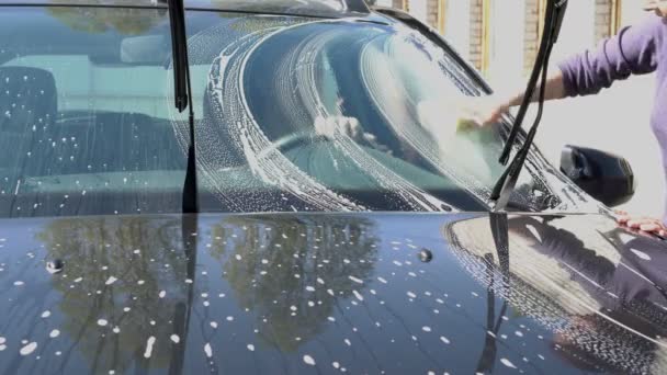 Girl Washes Black Car Sponge Sunny Day She Washing Soap — Stock Video