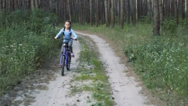 Une Petite Fille Dans Soirée Vélo Violet Sur Une Route — Video