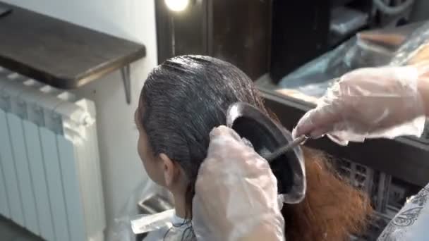 Escova Estilista Mancha Pintura Cabelo Menina Salão Beleza Cuidado Com — Vídeo de Stock