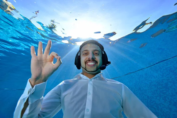 Underwater Portrait Young Man White Shirt Headphones His Head Who — Stock Photo, Image