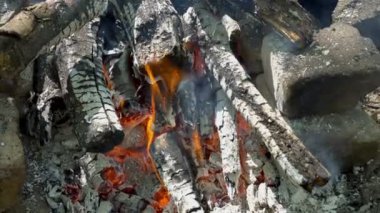 Yakın çekim alev. Turuncu alevler ile kayaların arasındaki yanan odun. Hazırlık Barbekü için. 4 k. 25 fps.