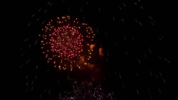 Χαιρετισμό Πάνω Από Την Πόλη Στο Νυχτερινό Ουρανό Πυροτεχνήματα Δείχνουν — Αρχείο Βίντεο