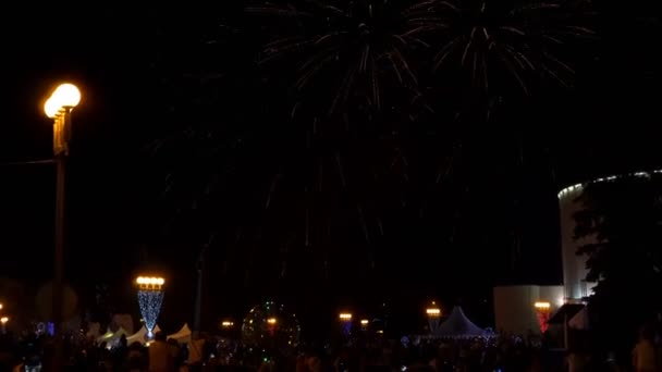 Pessoas Ficam Praça Observam Fogos Artifício Acima Cidade Céu Noturno — Vídeo de Stock