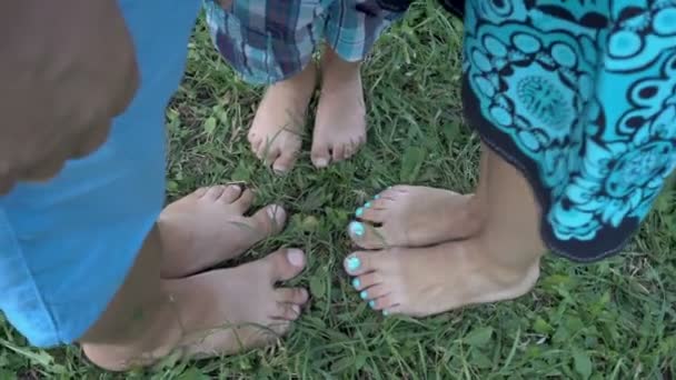 Pés Descalços Grama Verde Pai Mãe Uma Criança Pequena Ficam — Vídeo de Stock